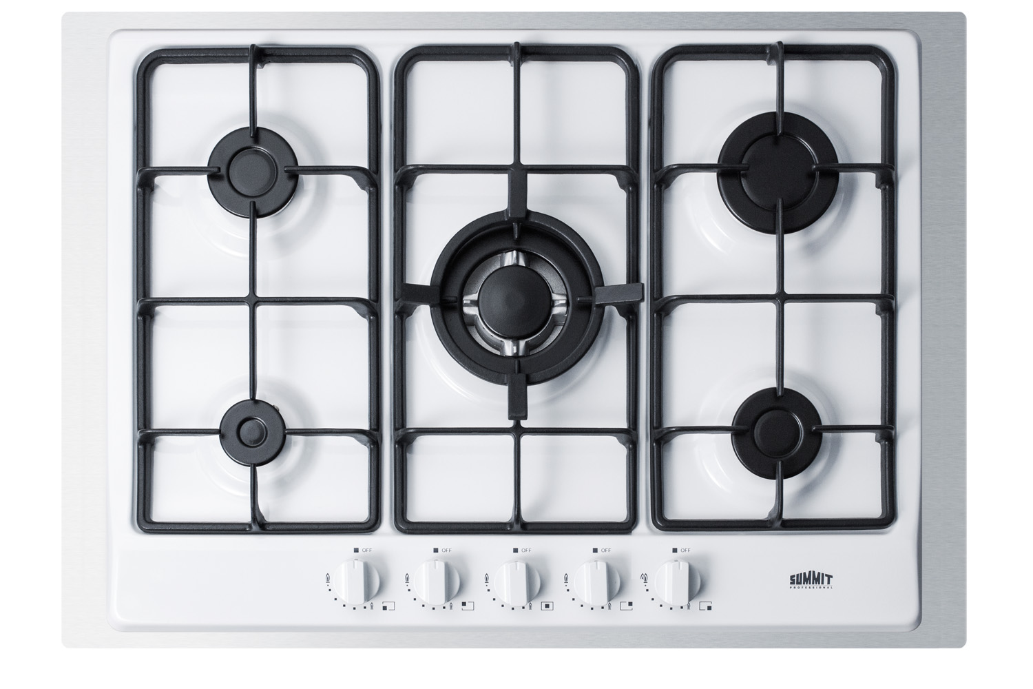 5-burner gas cooktop made in Italy in white finish with sealed burners, cast iron grates, wok stand, and stainless steel frame to allow installation in 30